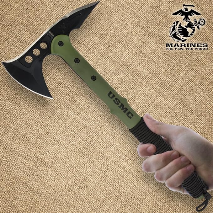 USMC Tactical Tomahawk | 2Cr13 Stainless Steel Head | 3 7/8" Blade and Curved Spike | Fiberglass and Nylon Reinforced Handle | Cord Handle Wrappings | Custom Blade Sheath | 15 1/2" Overall Length
