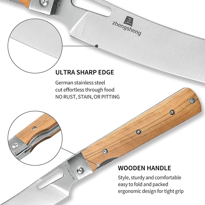 Folding Chef Knife with Nylon Pouch 4.8” Ultra Sharp 440A Stainless Steel Blade Natural Olive Handle Pocket Foldable Japanese Style Kitchen Knife for Outdoor Camping BBQ trip Cooking.