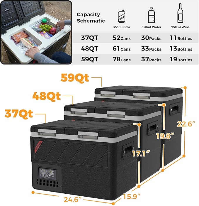 Setpower DT55 Portable Refrigerator with APP Control, 59QT(55L) Dual Zone Fridge Freezer, Electric Coolers for Vehicles AC/DC, Car Refrigerator 12V Portable Fridge
