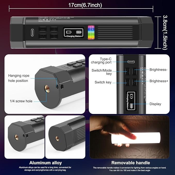PULUZ Magnetic Handheld Light Wand, Full Color RGB Light Stick, LED Fill Light with 2000mAh Rechargeable Battery, 2500-9000K Dimmable Camera Tube Light for Studio Photography TikTok YouTube Vlog, 17cm