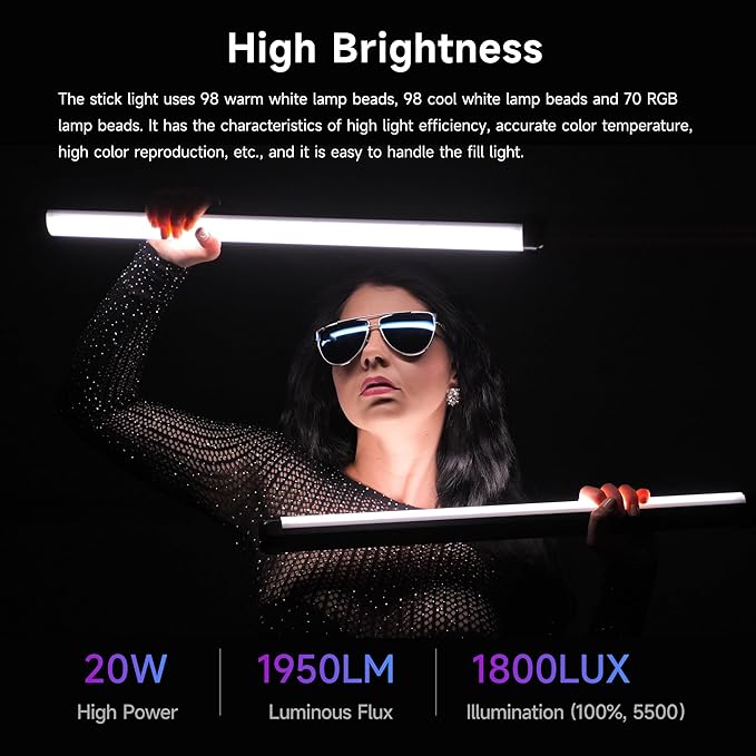 VILTROX K60 2 Pack Large Handheld Stick Light, 32Wh Rechargeable Battery 20W 1950lm RGB LED Video Light w PD Fast Charging CRI 97+ 2500K-8500K LCD Display, 22.8" Tube Light for Photography Light Wand
