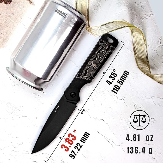 Kizer Militaw Fixed Blade Knife with Sheath, S35VN Blade Camping Knife with Aluminium+Fat Carbon Handle, Fixed Blade EDC Knives for Men Women Gift, Outdoor Hunting Hiking Survival Knives 1067A1