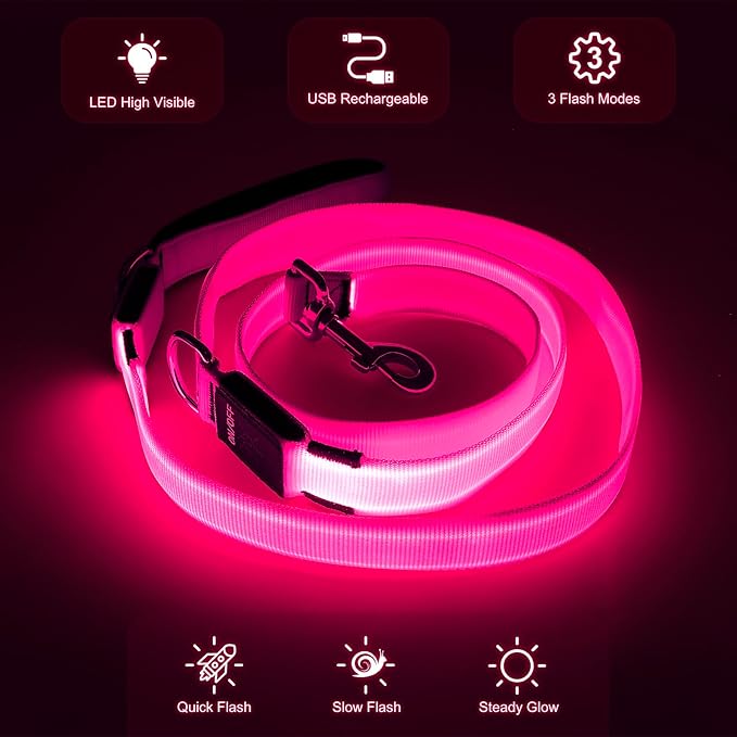 Colaseeme Light Up Dog Leash, LED Pet Leashes USB Rechargeable, Glow Safety Dogs Lights at Night (6FT,Pink)