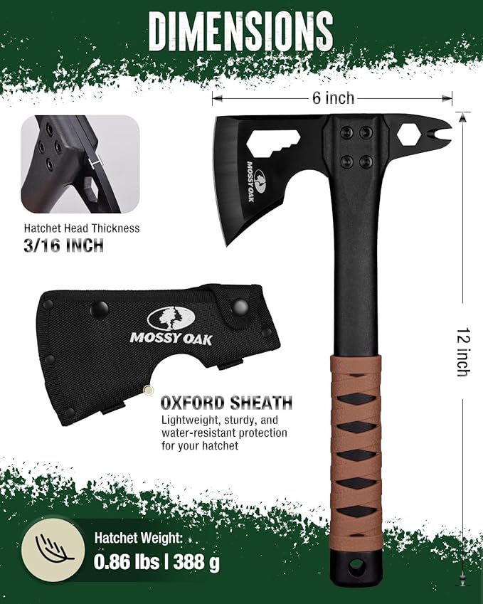 MOSSY OAK 12" Camping Axe and Survival Hatchet with Sheath, Compact Outdoor Multitool Hatchet with Hex Wrench Slots, Non-Slip Dual-Color Handle, Small Camping Gear for Hiking, Chopping, Hunting