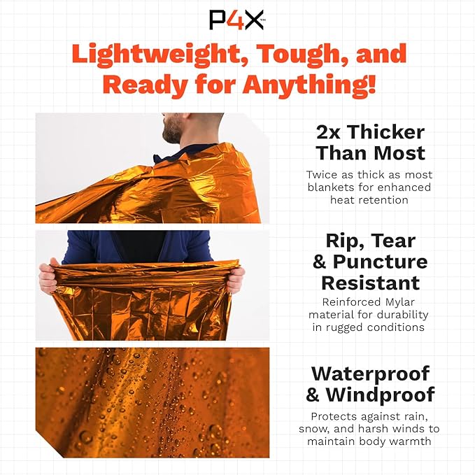 PREPARED4X Mylar Blankets 8 Pack - Waterproof Emergency Blanket - Rip and Tear Resistant Survivalist Gear - Emergency Thermal Blanket for Outdoor Survival