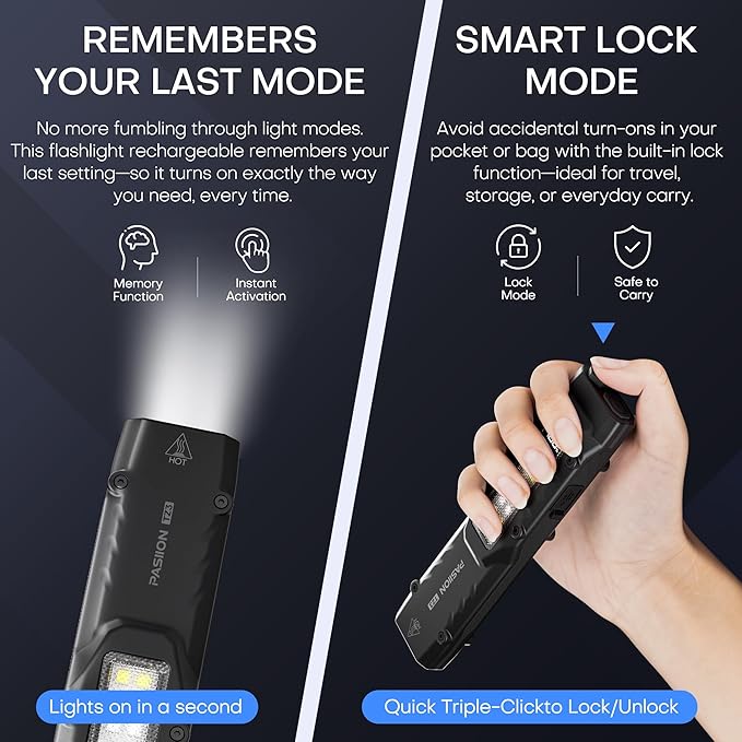 EDC Tactical Flashlight, Flat Flashlights Rechargeable,Dual-Switches LED Small Flashlight with Digital Display,Stainless Steel 8 Modes Pocket Flash Light for Home, Camping,and Emergency Use