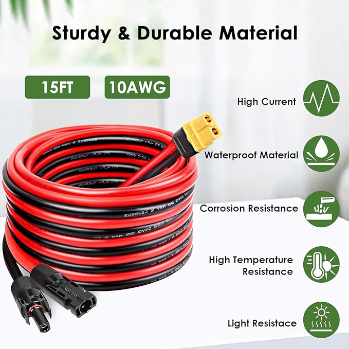 Solar to XT60 Extension Cable 10AWG 15FT Solar Connector to XT60 Adapter Cable for Solar Panel to Portable Power Station Solar Generator Battery Pack