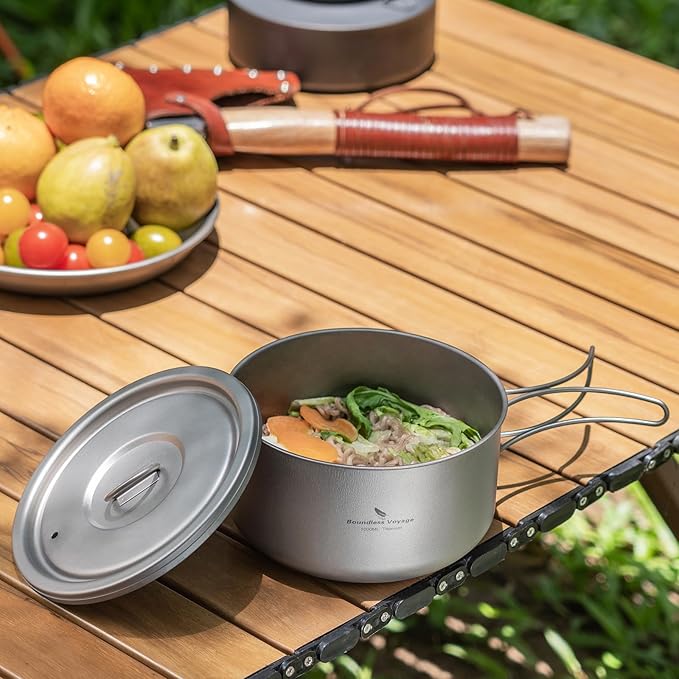 Boundless Voyage Titanium Pot Multifunctional Cooker Ultralight Camping Pot with Handle & Lid Outdoor Open Fire Cookware for Backpacking, Hiking, Bushcraft Cooking Ti2041C