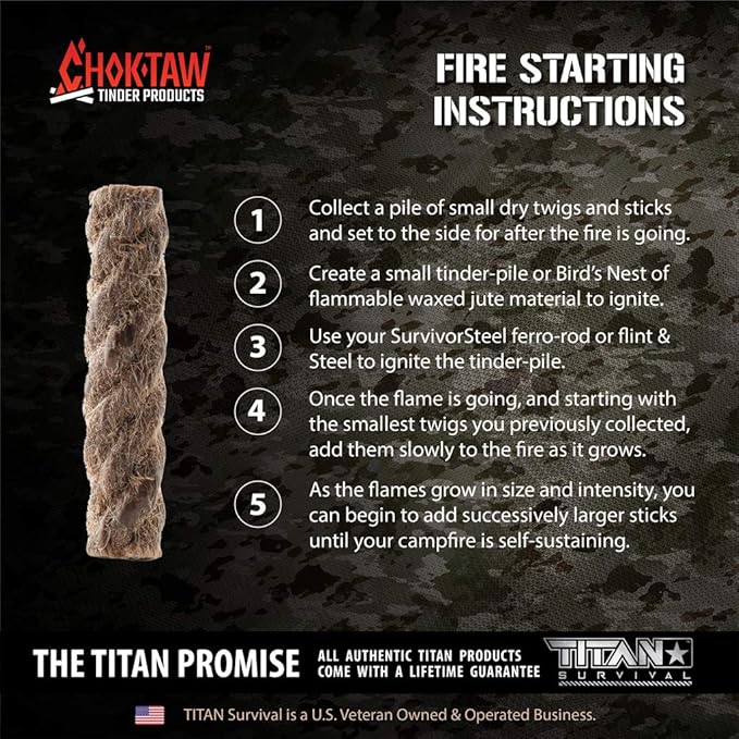 CHOKTAW Waxed Jute Rope Survival Fire Starters x5 - Natural Waterproof Rope Fire Sticks for Fire Starting & Emergency - Firestarters for Backpacking, Hiking, Camping, Hunting, Fishing & Boating Tinder