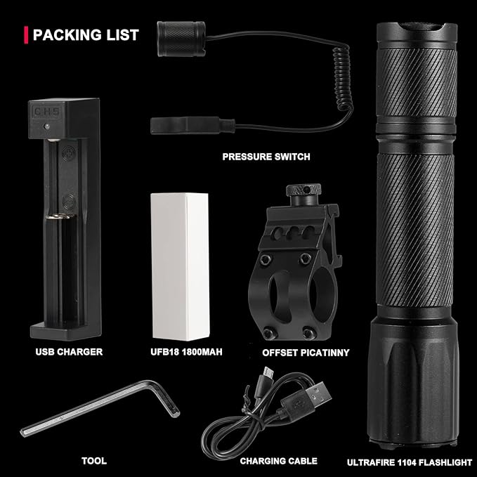 ULTRAFIRE Hunting Green Flashlight - 382 Yards Green Light Predator Light 520nm-540nm Green Tactical Flashlight with Picatinny Rail Mount and Pressure Switch Kit for Hogs,Coyotes, Varmints