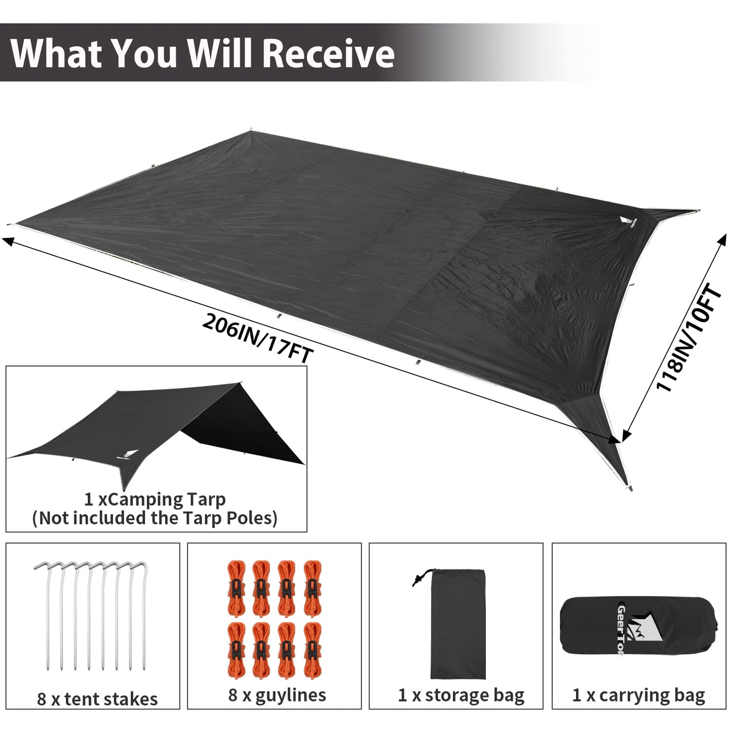 GEERTOP Large 17 x 10 ft Tarp Waterproof Portable Hammock Rain Fly Outdoor Awning Backpacking Tarp