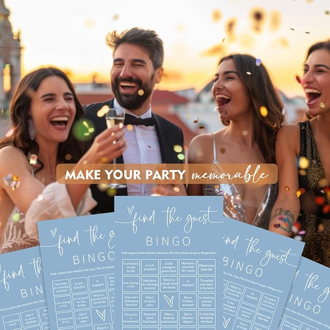 Wedding Shower Games Cards, 25Pcs Prefilled Find The Guest Bingo Game Cards, Engagement Party Games for Guests, Minimalist Blue Wedding Party Supplies - B19