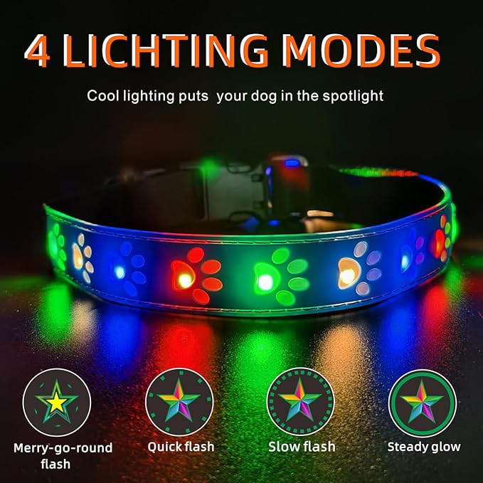 LED Light Up Dog Collar, USB-C Rechargeable, Multicolor Paw Print Design, 15 Modes Lighting Night Safety (Blue Pro, S(7.87-11.8"))