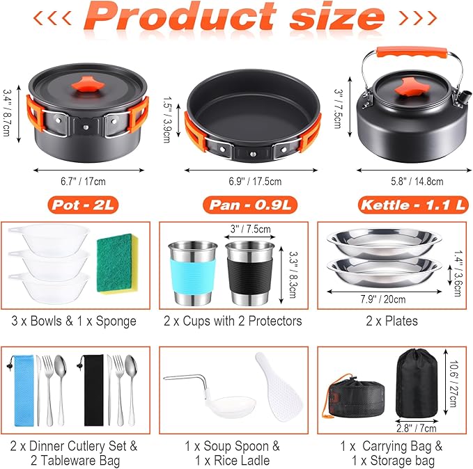 Soulchen 25 Pcs Camping Cookware Mess Kit Camping Pots and Pans Set with 2 Set Stainless Steel Cups Plates Forks Knives Spoons for Camping, Backpacking, Outdoor Cooking and Picnic