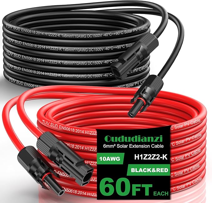 Oududianzi Solar Extension Cable 60Ft, 10AWG Solar Cable, 10 Gauge Tinned Copper PV Wire, Solar Panel Wires and connectors for Home Roofs RV Camping Boats Solar Panels, Set of 2