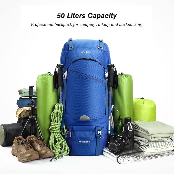 HOMIEE 50L Hiking Backpack Travel Bag Waterproof Camping Rucksack with Rain Cover Lightweight Backpacking Backpack
