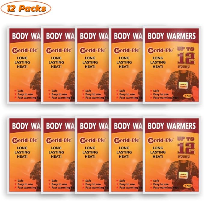 WORLD-BIO Body Warmers for Cold Weather, Heat Warmer Patch Disposable with Adhesive Backing Gives Hours Warm - 10/12/20/32/40 Packs, Hand Warmers Long Lasting Safe Natural Odorless