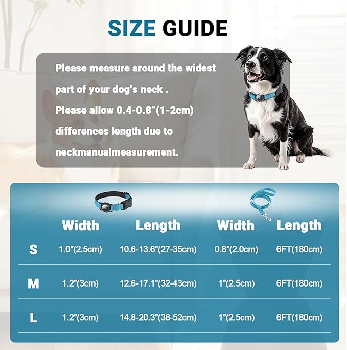 AirTag Dog Collar and Leash, IP68 Waterproof Integrated with Reflective, Ultra-Durable, Comfortable Padded, Heavy Duty Dog Collars for Small Medium Large Dogs, L (14.8"-20.3"), Blue