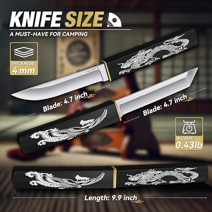 Purple Dragon Tanto Fixed Blade Knife, Katana Survival Bushcraft Knife, Full Tang Samurai Knives 2 in 1, Ideal for Camping, Fishing, Hiking, Hunting Double Knives for Men, Gift for Father (Black)