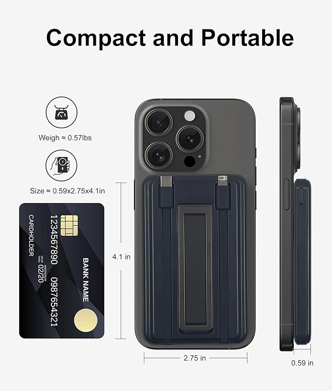 5 in 1 Magnetic Power Bank with Foldable Kickstand,Compact 10000mAh Wireless Portable Powerbank with Fast Charging,Durable Battery Pack with Carrying case,for iPhone 16/15/14/iWatch/AirPods