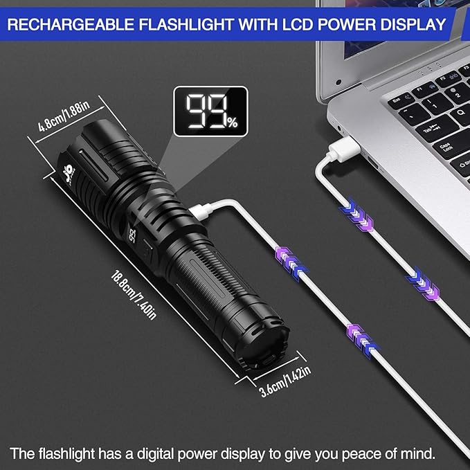 Rechargeable Flashlights 10000 Lumen, LED Flashlight with Digital Power Display and Zoomable, Flashlights High Lumen Super Bright Long Distance for Camping, bushcraft, Outdoor