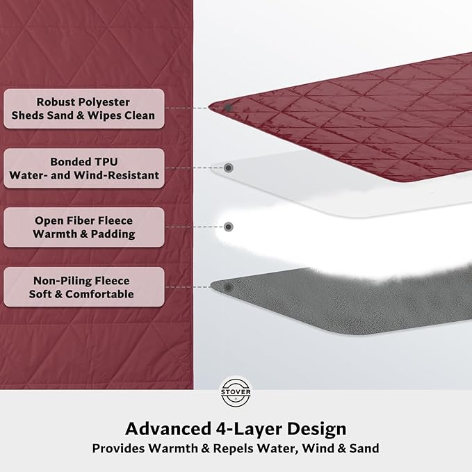 STOVER Waterproof Stadium Blanket – Portable Outdoor Camping Blanket for Travel, Picnics, or Sports – Warm, Windproof, Lightweight, and Packable (Game Day Red)