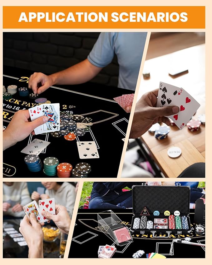 Blackjack Set Casino Set Blackjack Game Combo Set: Card Shuffler, 300pcs Poker Chips, Casino Felt, Card Shoe, Chip Rake, Discard Tray, Playing Cards*8, Bell, Dice, Cut Cards, Casino Buttons