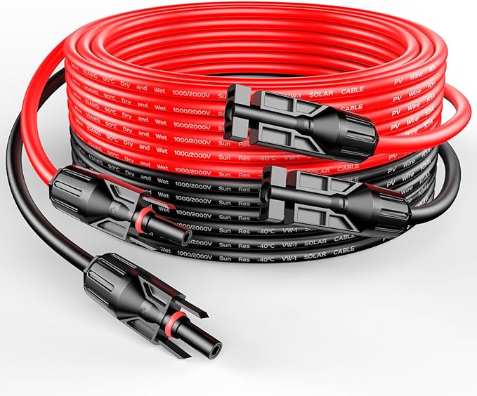 RICH SOLAR 10 Gauge 10AWG One Pair 20 Feet Red + 20 Feet Black Solar Panel Extension Cable Wire with Female and Male Connectors(20FT 10AWG)