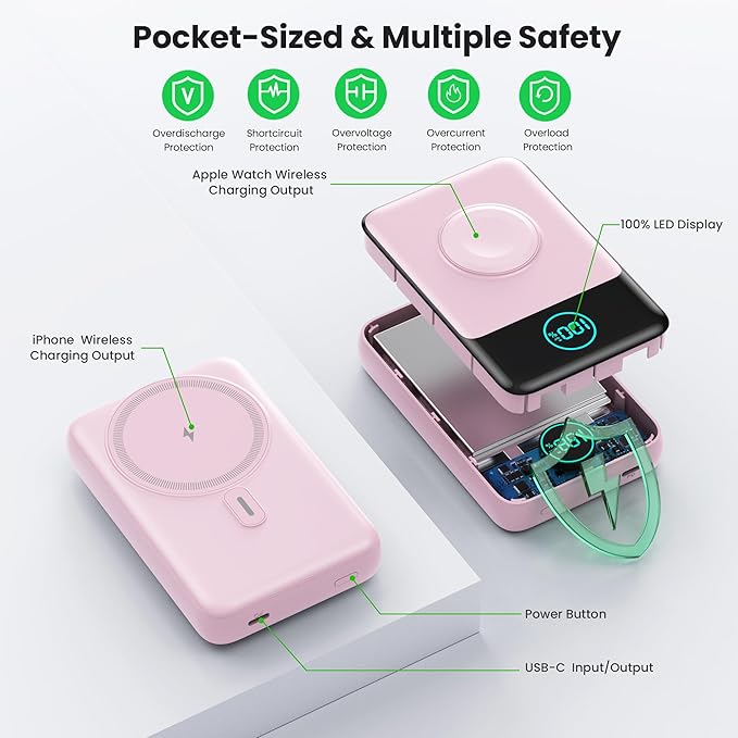Magnetic Portable Charger for iPhone, 3-in-1 10800mAh Qi2 15W Wireless Power Bank with iWatch Charger,30W PD Fast Charging USB-C LCD Display Battery Pack for Magsafe,iPhone 17/16/15/14/13, Apple Watch