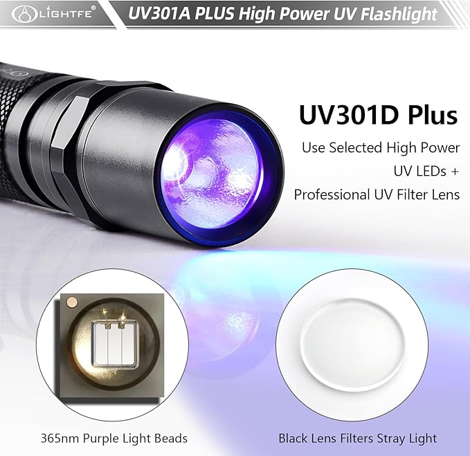 LIGHTFE Blacklight 395nm UV Flashlight UV301A-Plus with SSC UV LED, Pure Beam for UV Glue Curing Light, Rock and Mineral Fluorescent Glowing, Pet Urine Detector Light, AC Leak Detector