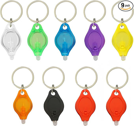9PCS LED Flashlight Keychain Ring, Mini Small White Rows Ultra High Bright Tiny Micro UV Lighting Squeeze Penlight Button Bulk for Name Tag Pocket Emergency, Nurses Badge Reel Zipper, Multicolor Shell