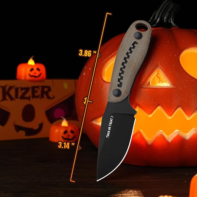 Kizer Hare Fixed Blade Knife, 3.14" Nitro V Blade Halloween EDC Hunting Knife with Brown Micarta and Black G10 Handle, Small Camping Knives with Kydex Sheath, Survival Knives for Men Women, 1077HW1