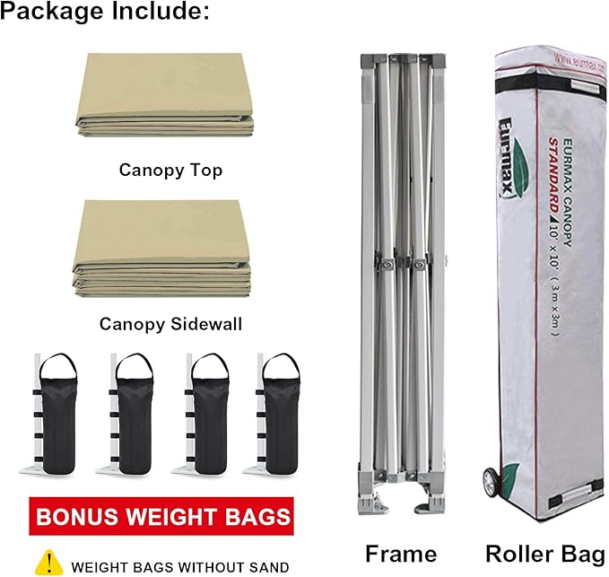 Eurmax USA 10'x10' Pop-up Canopy Tent Commercial Instant Canopies with 4 Removable Zipper End Side Walls and Roller Bag, Bonus 4 SandBags(Beige)
