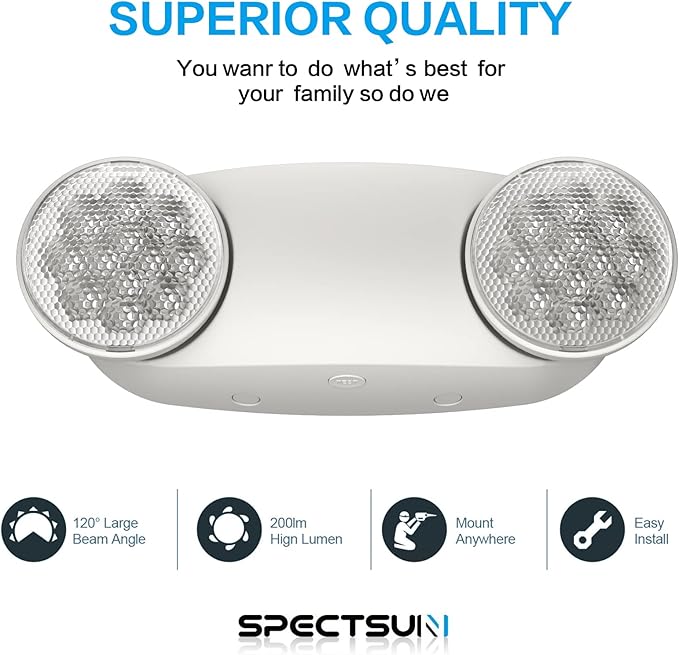 SPECTSUN 18 Pack White LED Emergency Lights with Battery Backup-UL Listed Two Head Adjustable Emergency Lighting Fixtures - 120-277V AC-Exit Sign Lights (18 Packs-U5)