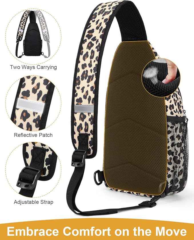 Large Leopard Waterproof Sling Bag Backpack with Adjustable Shoulder Strap for Women Men, Hiking Daypack with Multi-Pocket System and Comfortable Mesh Back Panel