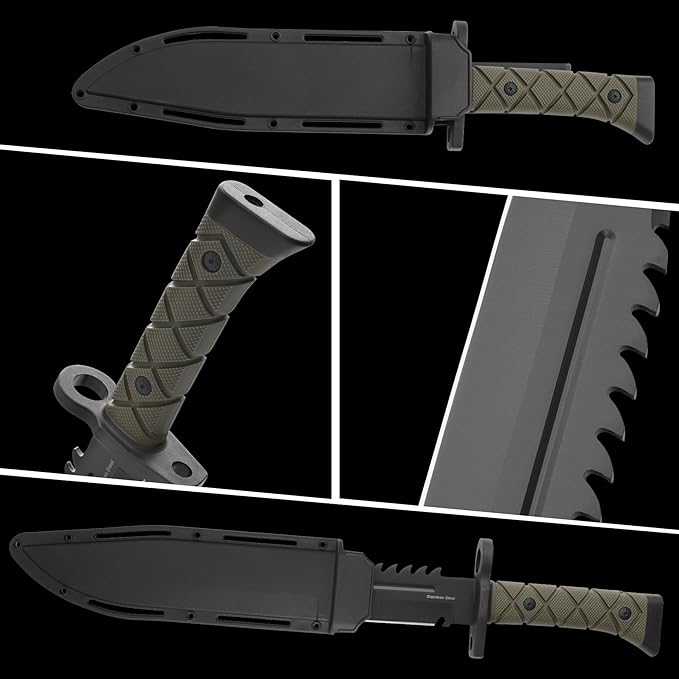 15" Fixed Blade Tactical Knives with Sheath, Stainless Steel Survival Hunting Bushcraft Full Tang Non-Slip Handle Knife with Serrated Blade Back for Camping Adventure EDC