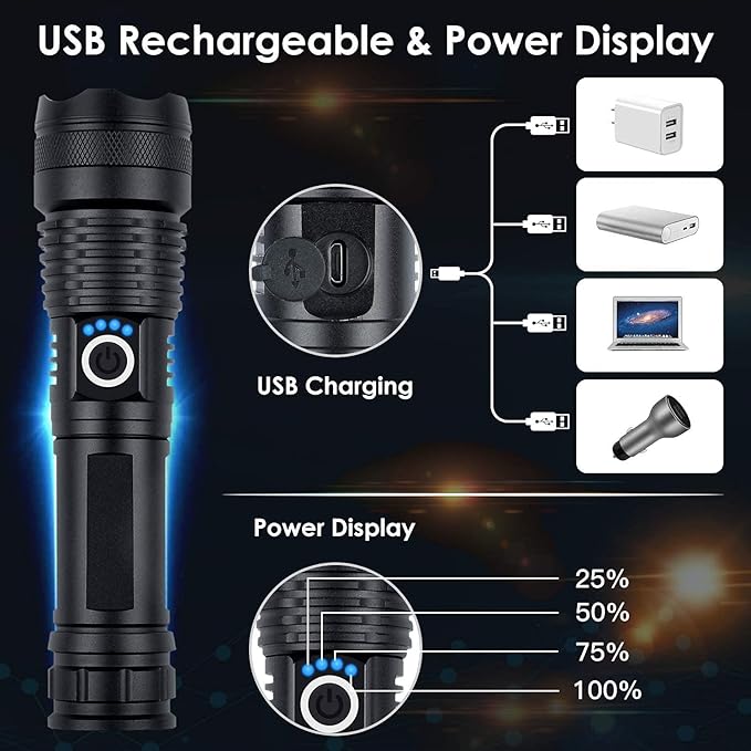 Rechargeable Flashlights High Lumens, 90000 Lumens Super Bright LED Flash Light, 5 Modes, IPX5 Waterproof Handheld Flash Light for Home, Emergencies, Camping