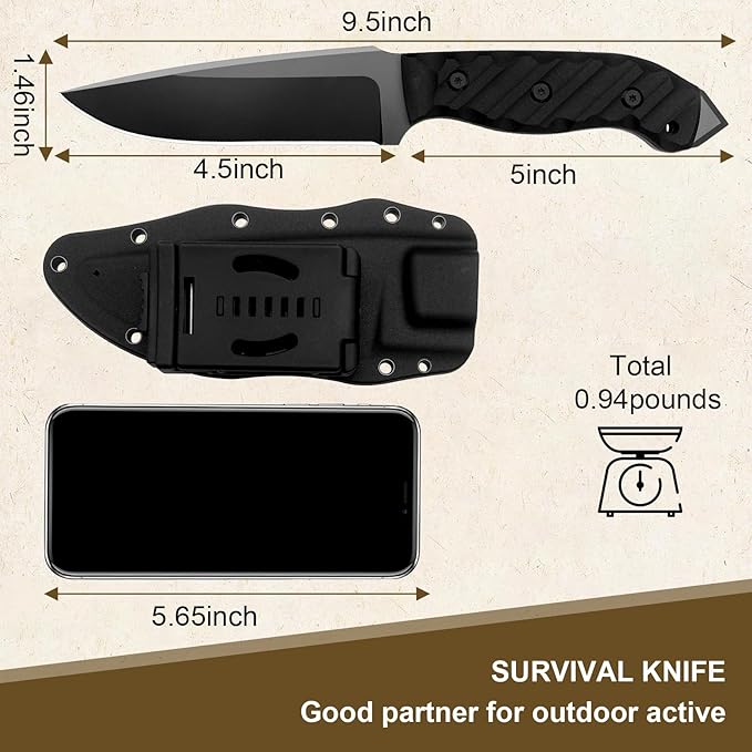Survival Knife w Kydex Sheath,D2 Fixed Blade Steel,Full Tang Hunting Knife w Non-slip ABS Handle, Glass Breaker, Ideal for Bushcrafting Camping Hunting Fishing Hiking and Other Outdoor Activities