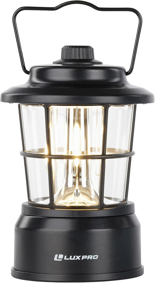 LUXPRO Retro LED Lantern - Battery-Powered Emergency Lantern - Water Resistant - Bright LED Lamp for Indoor & Outdoor Use - Use for Tents, Hiking or Hurricane Prep (Blac, Pack of 1)