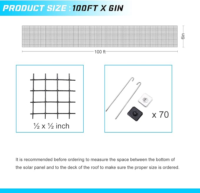 Solar Panel Bird Guard Mesh - 6In x102 Ft 70 Aluminum Fasteners Solar Critter Guard Solar Panel Pigeon Guard Bird proofing Bird mesh PVC Coated Galvanized net Pigeon Deterrent MEFBANT