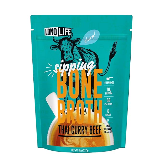 LonoLife Thai Curry Beef Bone Broth Powder Mix | Grass-Fed, 10g Protein | Collagen-Rich, Keto & Paleo Friendly | Natural Ingredients | 8oz Bulk Container (15 Servings)