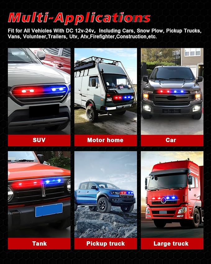 YM E-Bright 2-Pack Red Blue Dual Colors 4 LED Car Flash Light DRL Truck Warning Caution Emergency Construction Strobe Light DC 12V-24V