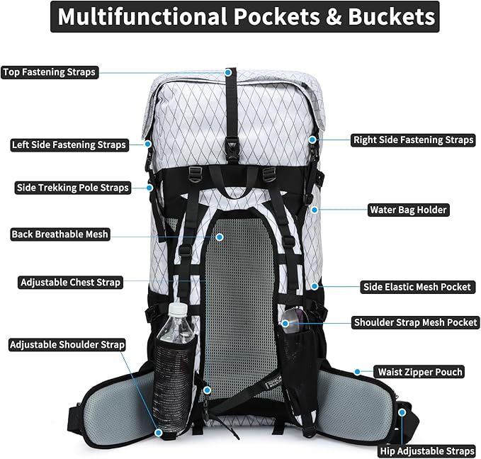 Hiking Backpack,40L to 50L Extra Large Capacity Hiking Bag,Internal Frame Camping Backpack,Upgraded X-PAC Lightweight Sport Daypack Travel Backpack Fit For Mountain Climbing Camping(White)