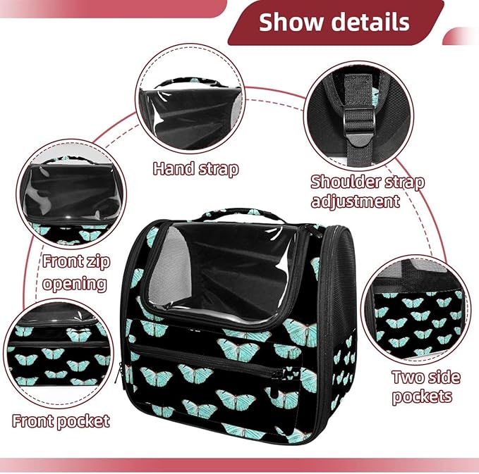 Butterfly on Black Background Cat Carriers Dog Carrier Pet Carrier with Locking Safety Zippers for Cats, Kitties, Puppies and Small Dogs