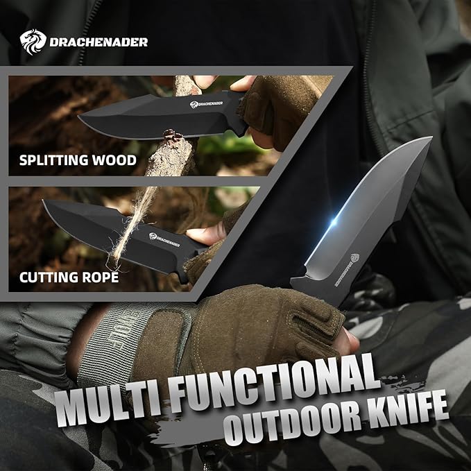 B-ER-DROP POINT Fixed Blade Hunting Knife, Survival Knife with Sheath, Full Tang, Full Black, Gifts for Men