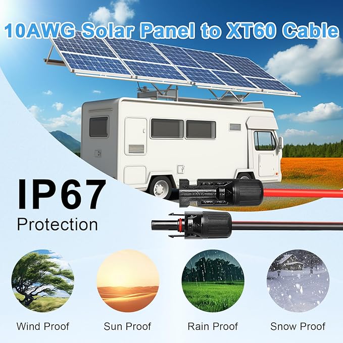 Solar to XT60 Cable 10AWG 20FT Solar Connector to XT60 Adapter Cable for Solar Panel to Battery RV Portable Power Station Solar Generator - 20 Foot