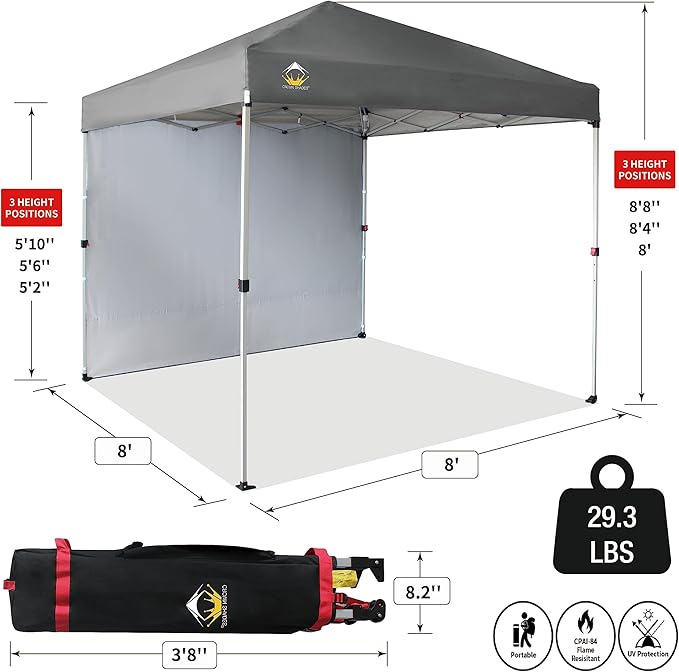 CROWN SHADES 8x8 Pop Up Canopy with 1 Side Wall - Beach Tent with One Push Setup - Outdoor Sun Shade for Events, Parties, Camping - Gazebo with STO-N-Go Cover Bag (Grey)