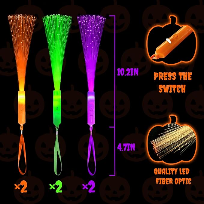 Halloween Glow Sticks Toys Gifts for Kids-6 Pack, Light Up Fiber Optic Wand for Toddlers, Fun Halloween Party Games Activities Stuff, Non Candy Treats Goodie Bag Basket Stuffers Fillers for Boys Girls
