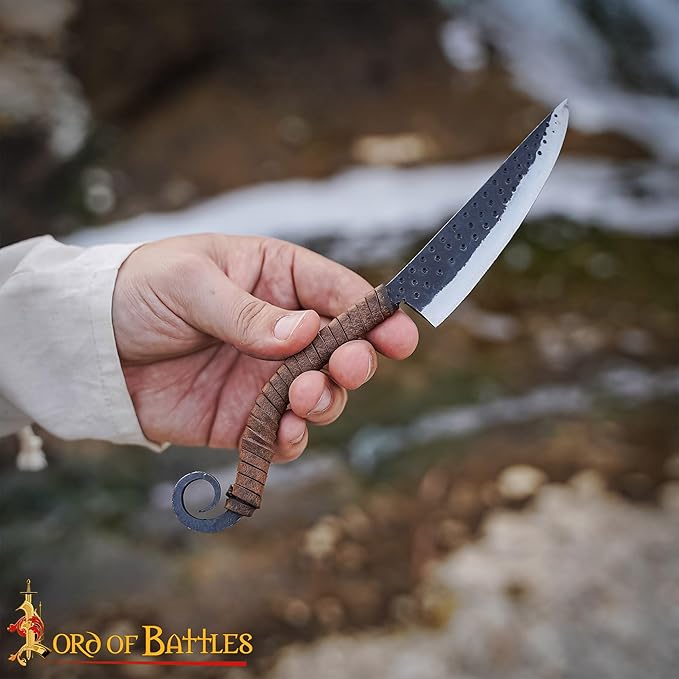 Lord of Battles Hand-Forged Medieval Knife ??Curved Full Tang with Leather-Wrapped Handle, Viking-Inspired Utility Knife for Camping, Hunting & Collectors