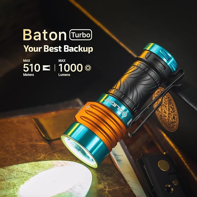 OLIGHT BatonTurbo EDC Rechargeable Flashlight, 1000 Lumens Compact LED Flash Light and 510 Meters Long Throw Powerful Pocket Light, with Two-Way Clip and Landyard for Camping, Hiking (Roadster)